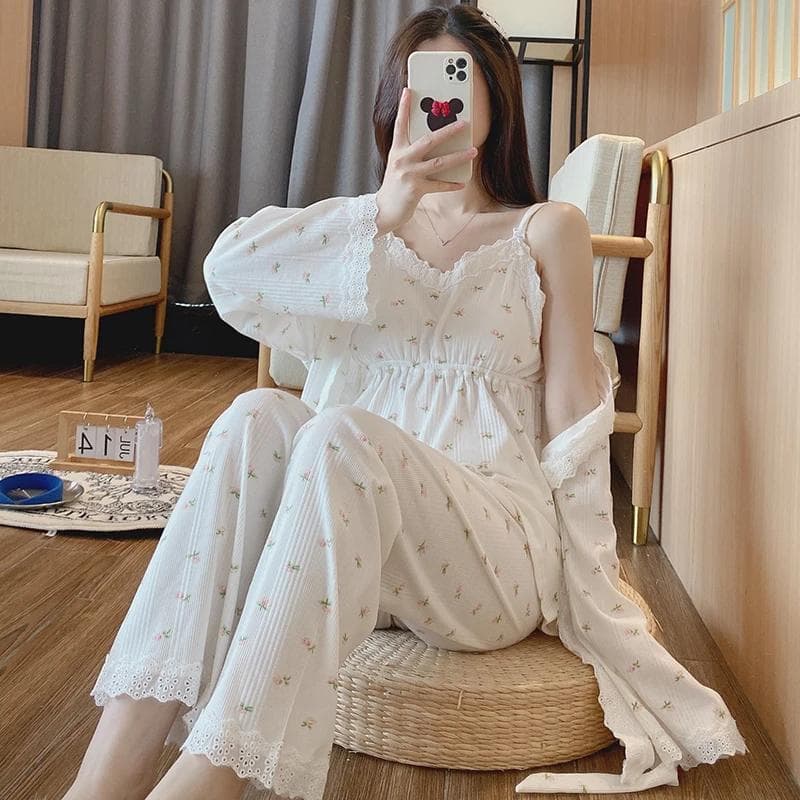 Lace Cotton Maternity Nursing Pajamas, Elegant Loose Pajamas Set, Maternity Home Sleep Casual Wear 3-piece Set 2XL white