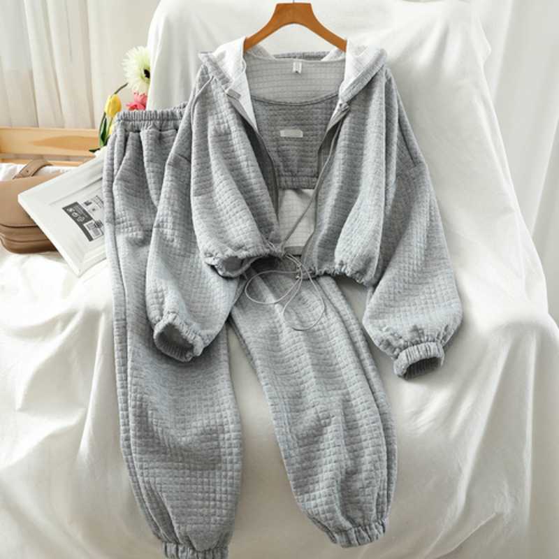Women 3 Piece Set Solid Color Sweatshirt Set Hooded Sexy Camisole High Waist Trousers Female Fashion Casual Suit XL light gray