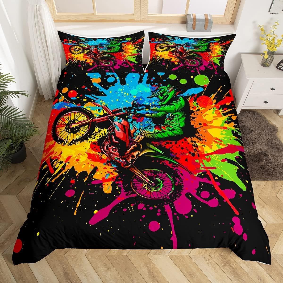 Mountain Bike Duvet Cover Extreme Sports Bedding Set Bicycle Rider Comforter Cover Racing Dirt Bike Quilt Cover Twin Queen Size US Twin(172x218cm)
