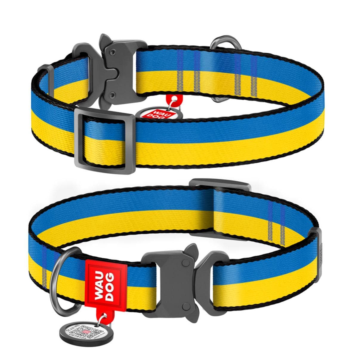 Nylon dog collar WAUDOG Nylon with QR passport, Colors of freedom pattern, fastex metal buckle M, W 20 mm, L 24-40 cm blue/yellow