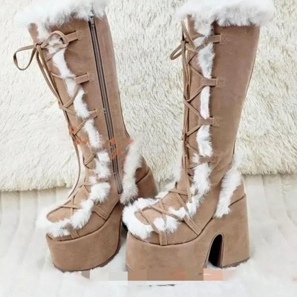 Winter Women Snow Boots Platform Wedge High Heel Faux Fur Lady Shoes Female Plush Warm Non-slip Mid Calf Boots Goth Shoes 39 light brown