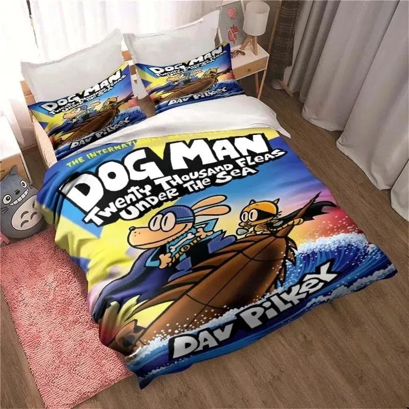 DOG MAN Cute Cartoon Pattern Bedding Set Duvet Cover Set Single Double Bed King Size Bed Set Adult Boys Bedroom Anime Sheet EU single(135x200cm)