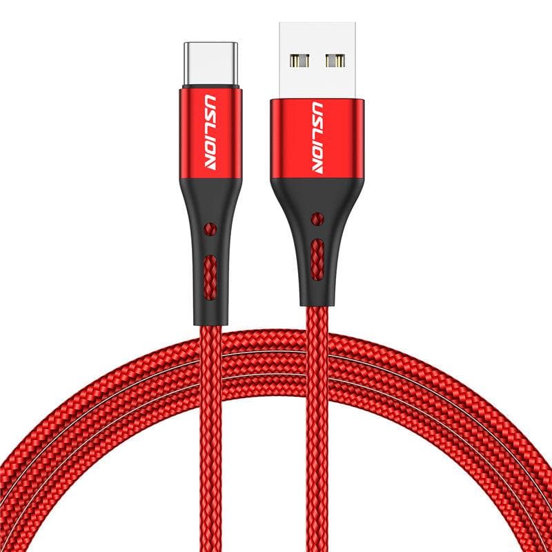 USLION USB Type C Cable For Samsung S10 Huawei P30 Pro Fast Charge Type-C Mobile Phone Charging Wire Cable 3m red