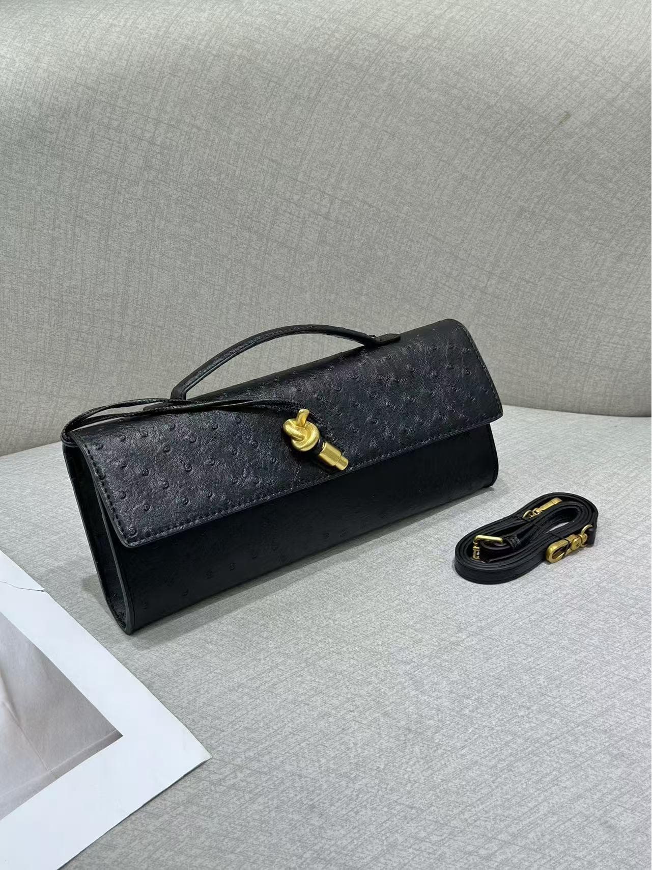 2025 Handmade Ostrich Pattern Baguette Evening Bag - Exquisite Shoulder & Crossbody Handbag Standard (Custom Hardware) black