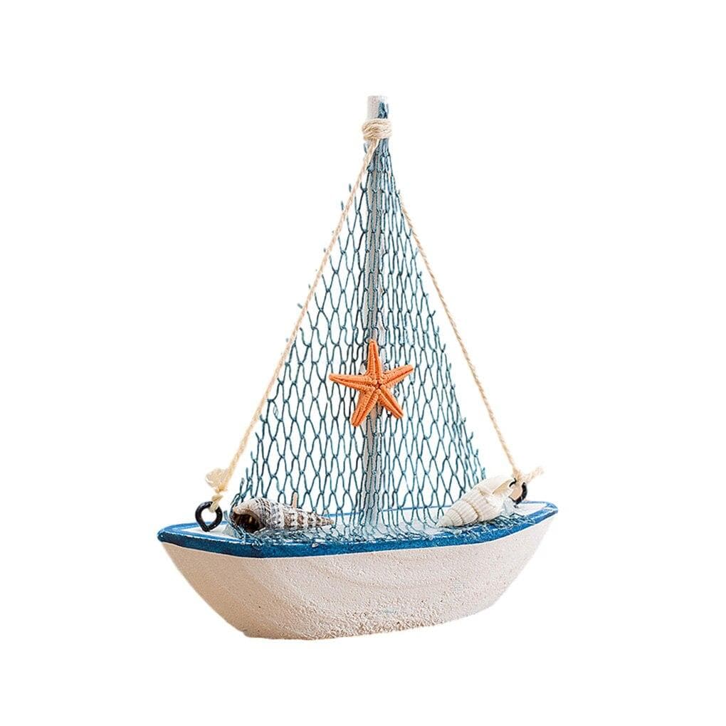 1pc Mini Mediterranean Style Marine Nautical Wooden Blue Sailing Boat Ship Wood Crafts Sailboat Ornaments Party Room Home Decoration starfish