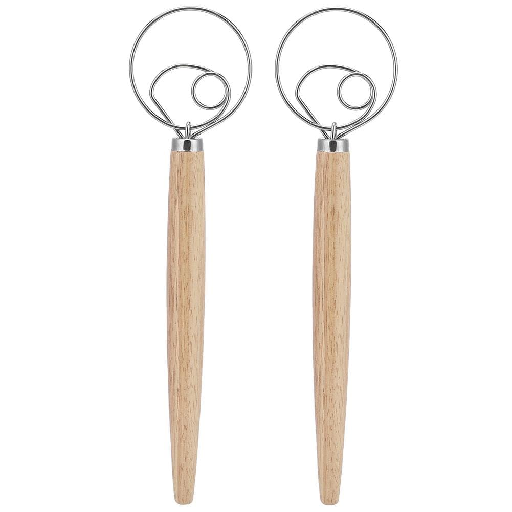 2Pcs Stainless Steel Dough Mixer Blender Manual Eggbeater with Oak Handle Kitchen Accessory