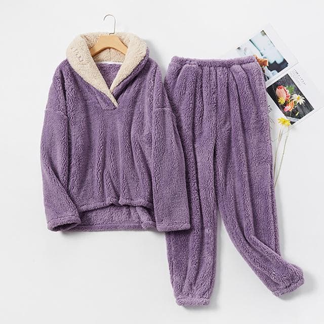New Pajama Sets Women's Solid Long Sleeve Winter Woman Fluffy Pijama Suit with Pants Thick Warm Fleece Home Clothes for Female 2XL