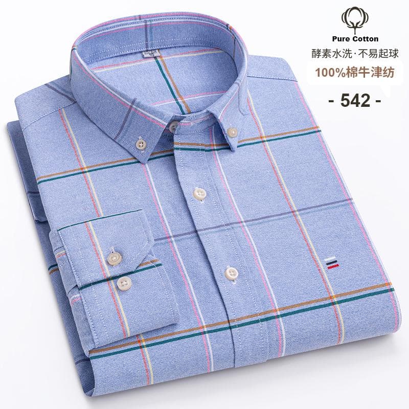 100% Cotton Oxford Men's Shirts Long Sleeves Plaid Soft Regular Fit Formal Dress Shirt Pocket Social Blouse Male Clothes S-7XL 7XL