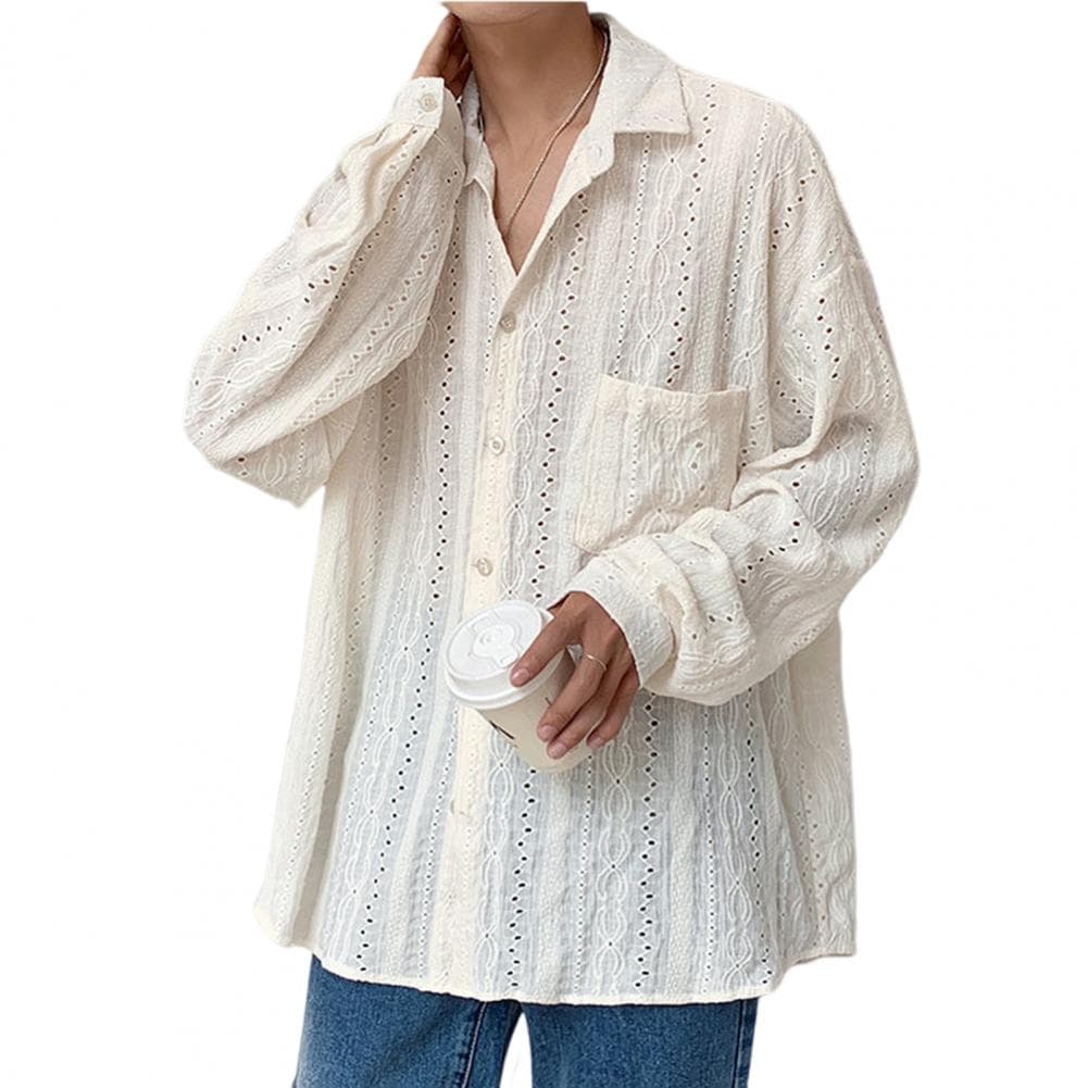 Summer Spring Men Shirt Hollow Out Turn-down Collar Single-breasted Loose Solid Color Long Sleeves Chest Pocket Retro Hip Hop To M apricot