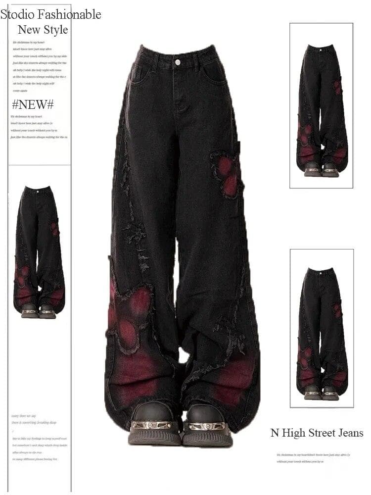 Women's Black Gothic Baggy Jeans Harajuku Y2k Aesthetic Butterfly Denim Trousers Korean Jean Pants Vintage 2000s Trashy Clothes M black