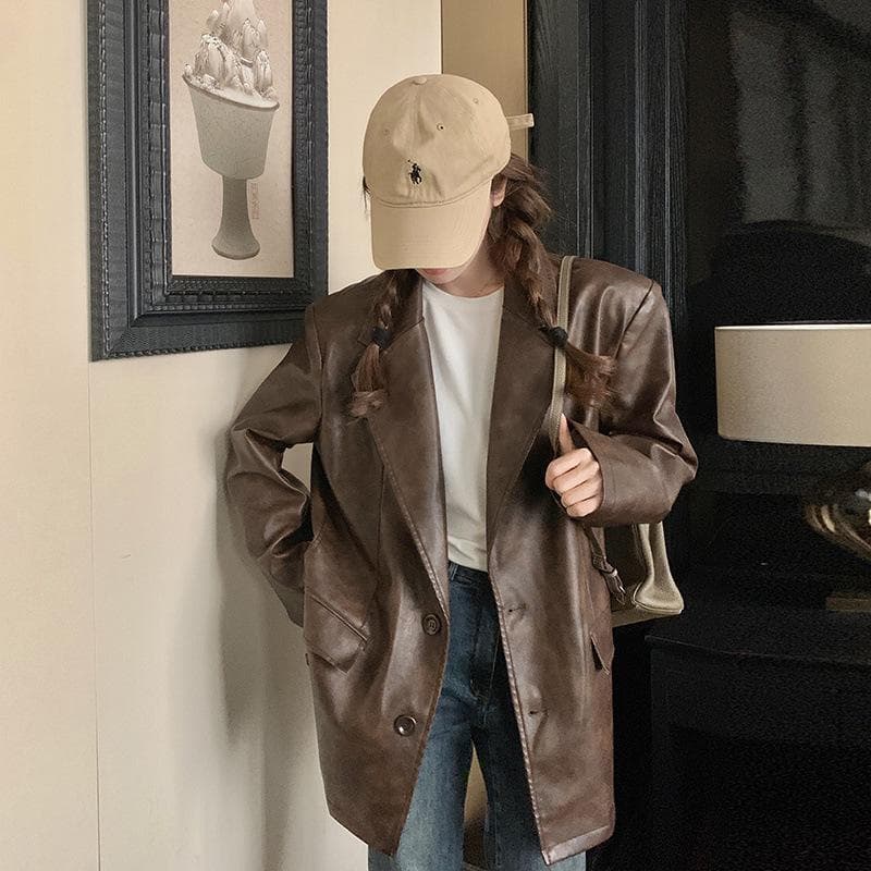 Vintage Loose Single-breasted Suit Collar Leather Jacket XL