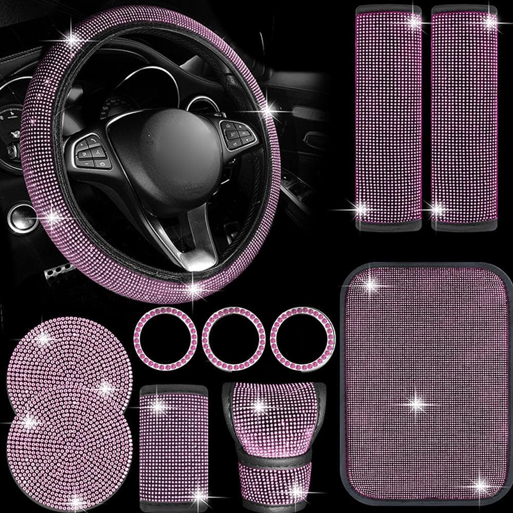 11-Piece Car Accessories Set Rhinestones Steering Wheel CoverBling Gear Shifter CoverHandbrake pink