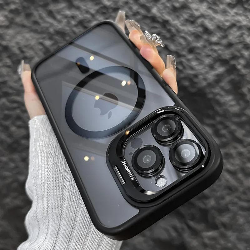 Luxury Magnetic Shockproof Phone Case For iPhone 16 15 14 13 12 11 Pro Max Plus Funda Stand Glass Lens Protection Back Cover iPhone 11 Pro Max black