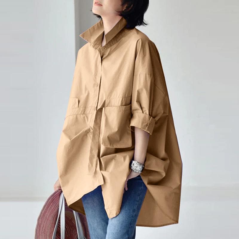 ZANZEA Womens Casual Turn Down Collar 3/4 Sleeve Loose Blouse Shirts 5XL khaki