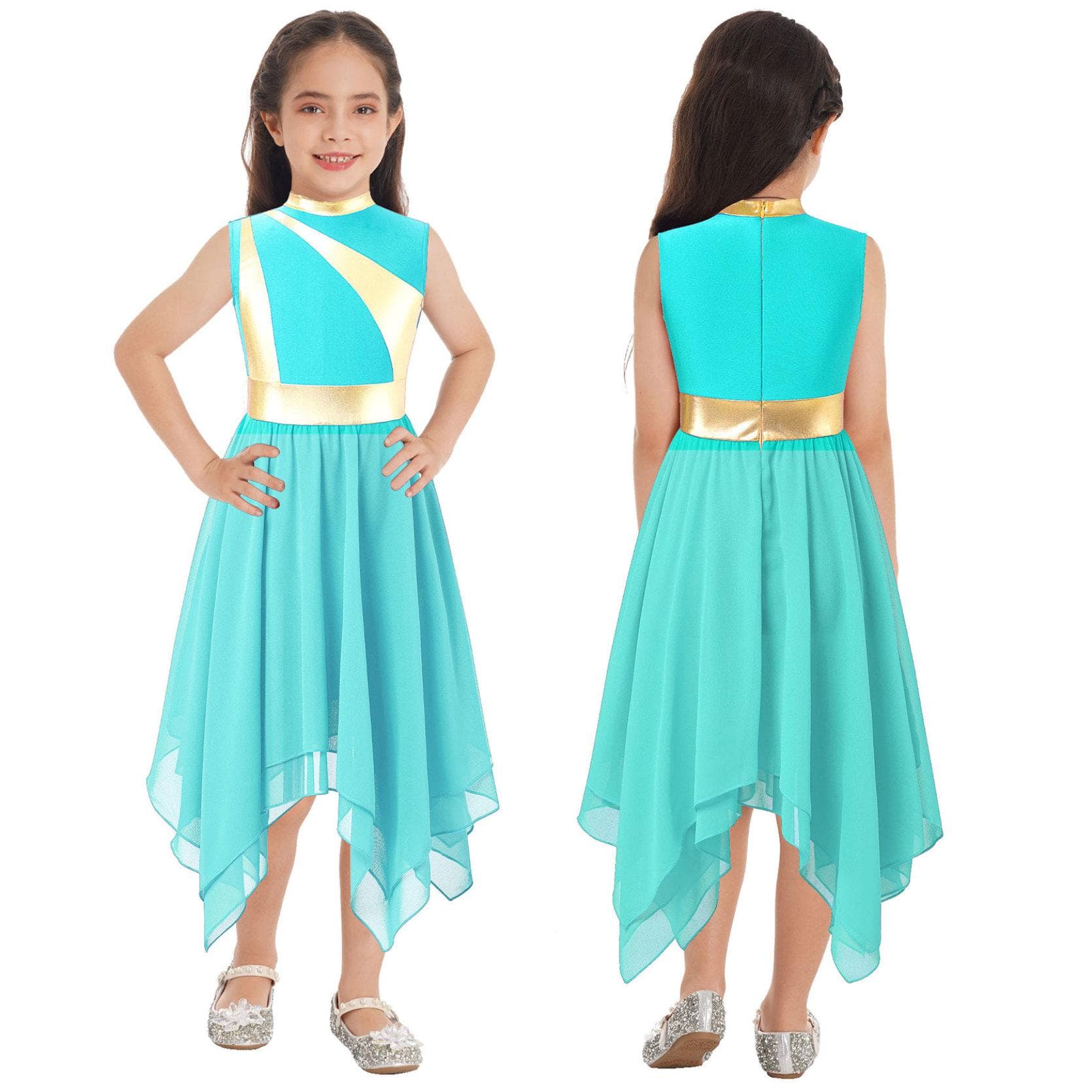 Kids Girls Praise Dancing Dress Metallic Patchwork Sleeveless Asymmetrical Hem Dress Modern Lyrical Dance Costume 13-14 Years turquoise
