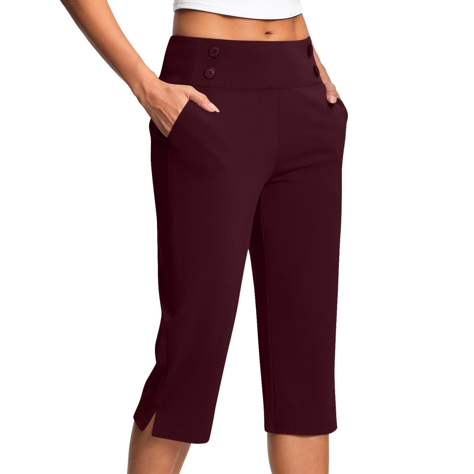 Women's Fashionable Solid Color Button Pocket Pants With Split Hems High Waist Sports Yoga Casual Cropped Pants L wine
