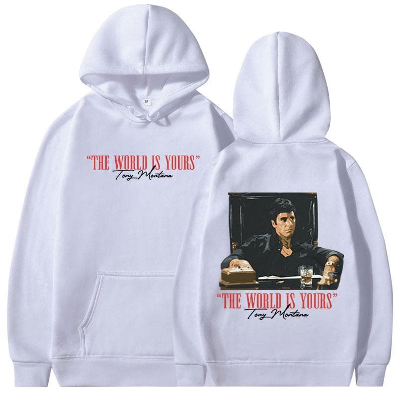 Classic Scarface Movie Hoodies For Men And Women Vintage Gothic Pullover Oversized Sweatshirts The World Is Yours Tony Montana M white