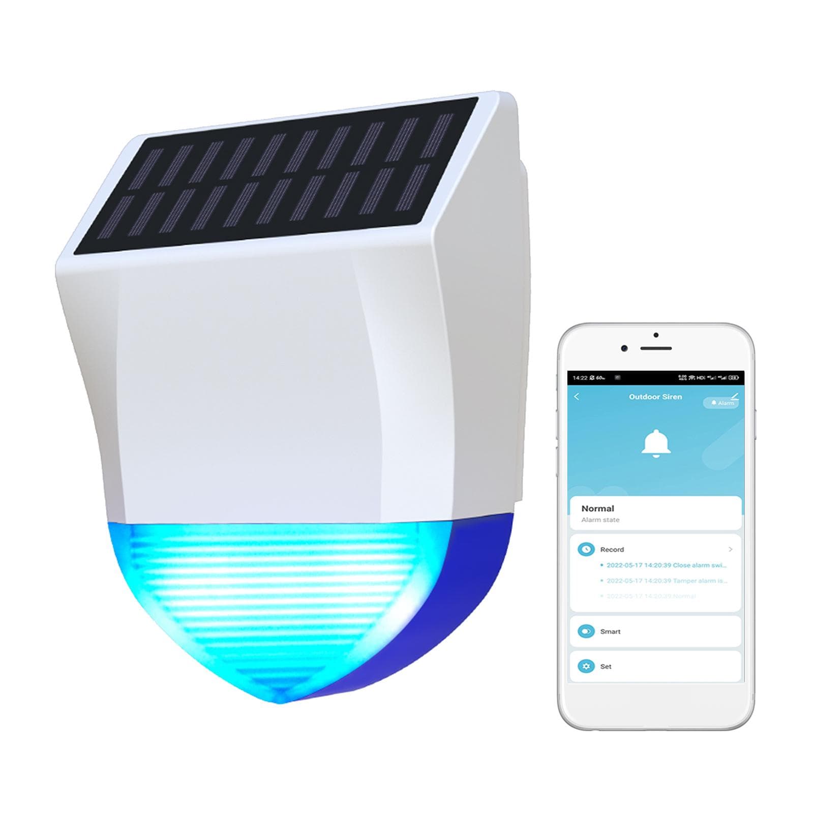 Solar Powered Wifi Outdoor Alarm BT 5.0 Smart Alarm IPX5 Waterproof Real-time Sound Light Alarm APP white
