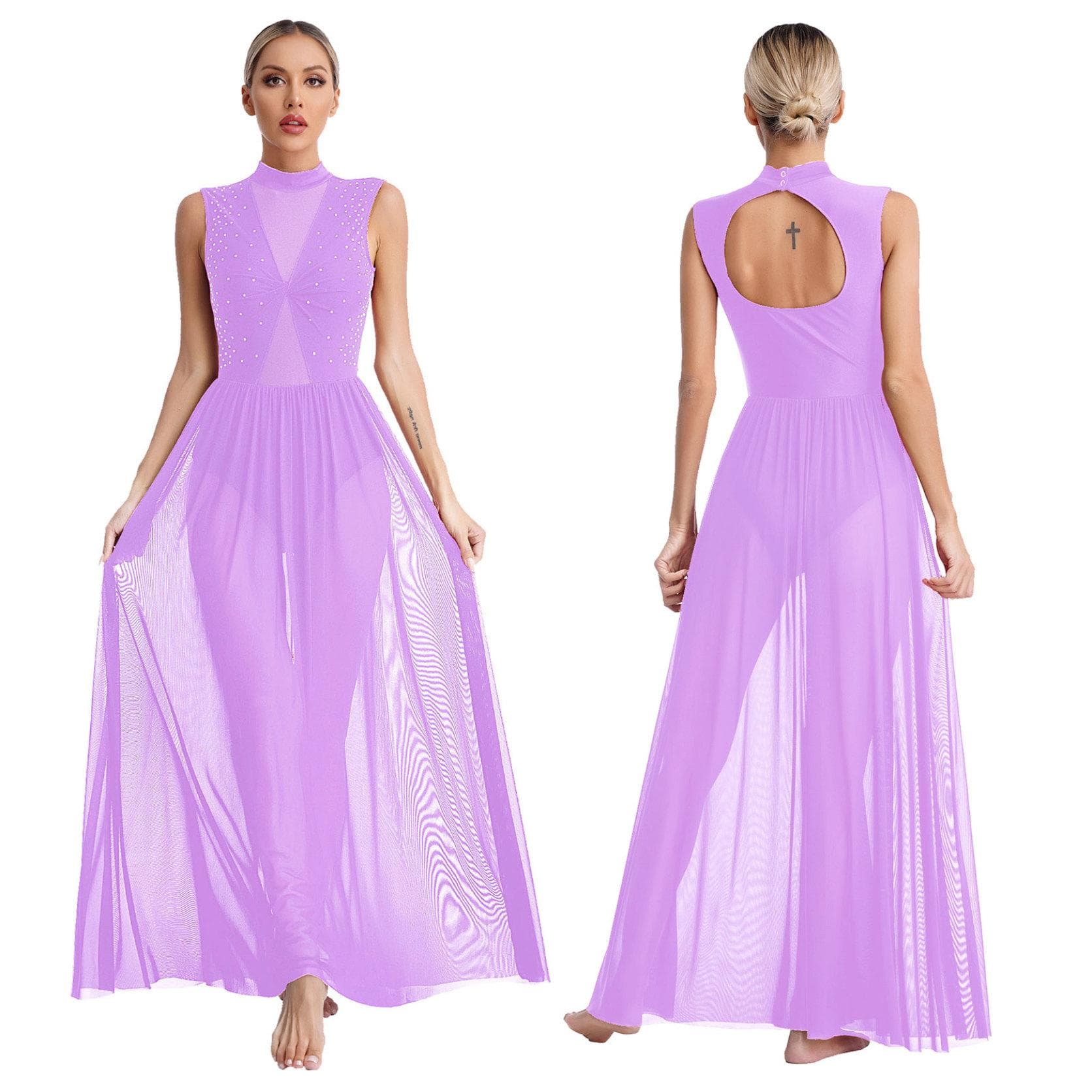 Women Long Dress Lyrical Modern Dance Sleeveless Open Back Twist Sheer Mesh Overlay Leotard Praise Liturgical Dancewear M light purple