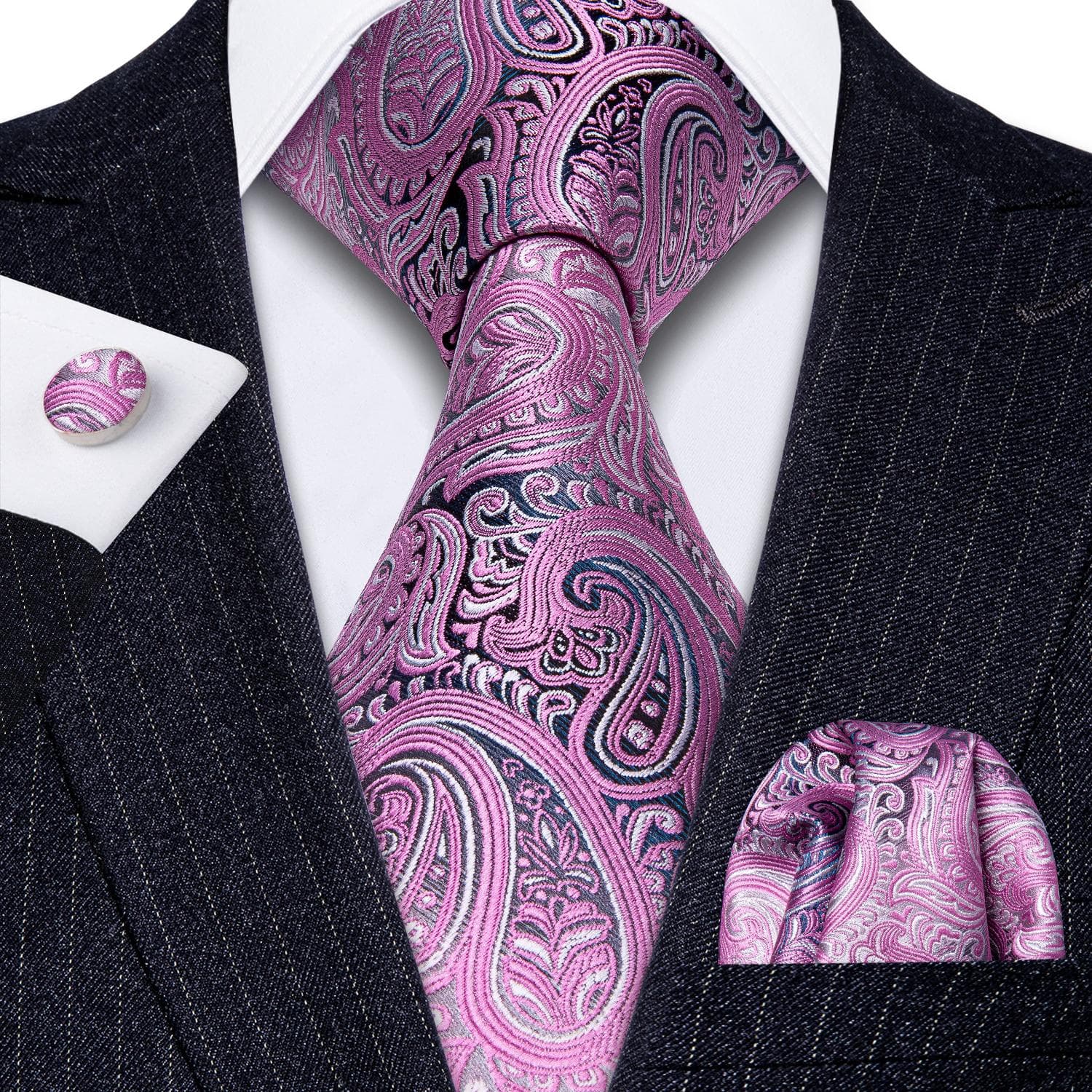 Hi-Tie Mens Accessories Silk Tie Handkerchief Cufflinks Set for Wedding Party Floral Solid Necktie N-1571