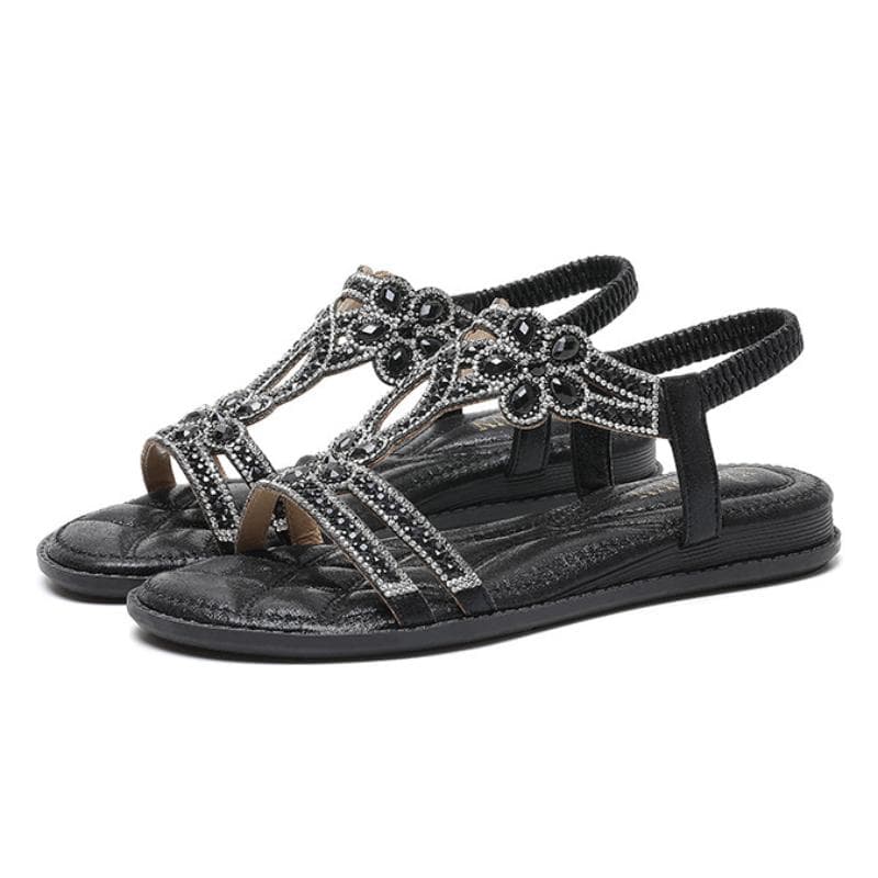 Large Size Flat Sandals with Rhinestone Embellishments and Hollow Design Sandals 43 black