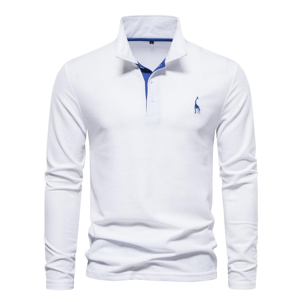 AIOPESON Giraffe Embroidery Men's Polo Shirts Solid Color Long Sleeve Polo Shirts for Men New Spring Social Business Polos Male S 60-70kg white
