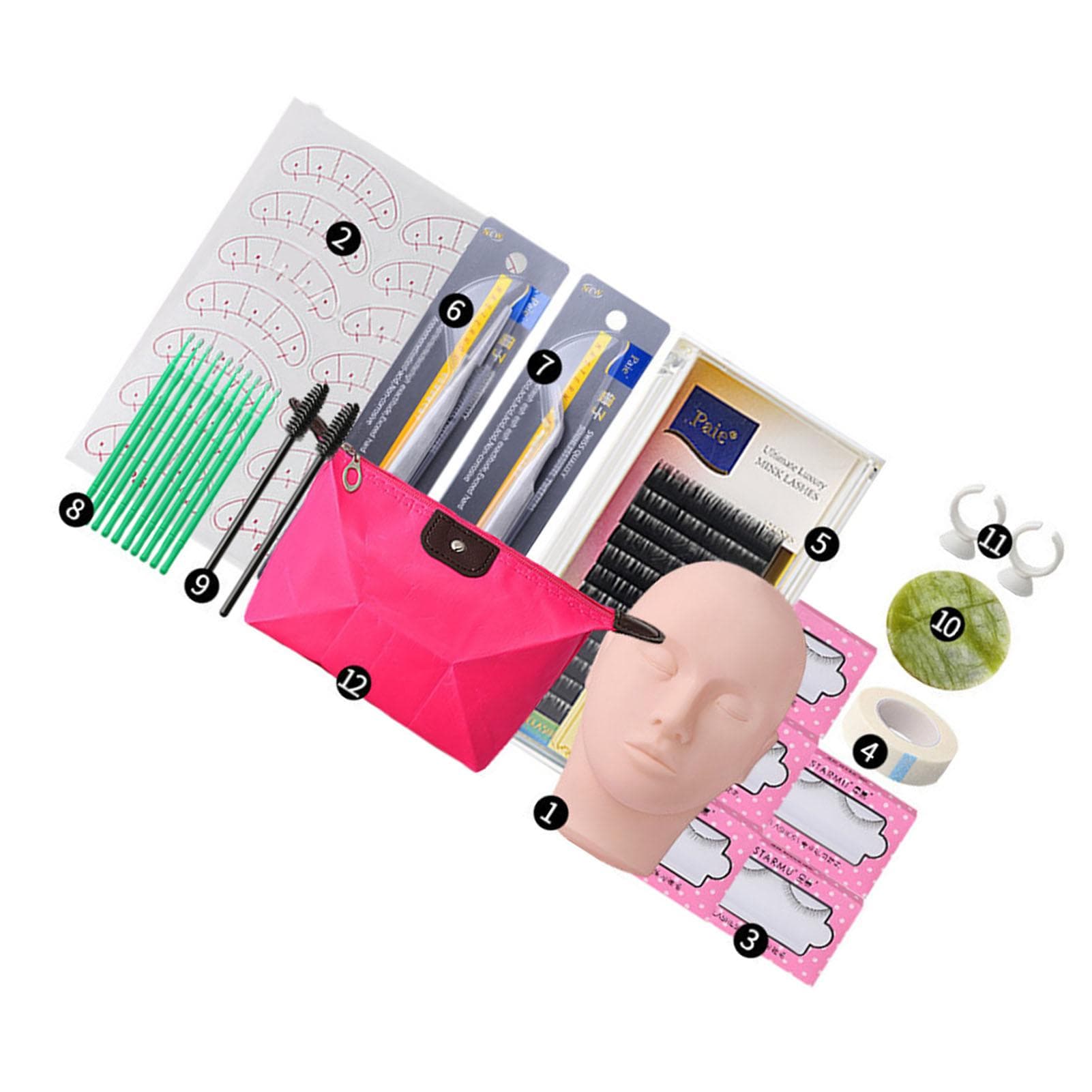Eyelash Extension Mannequin Head Kit Eye Pads Lashes Tweezers Lash Training Practice Head Set 12pcs