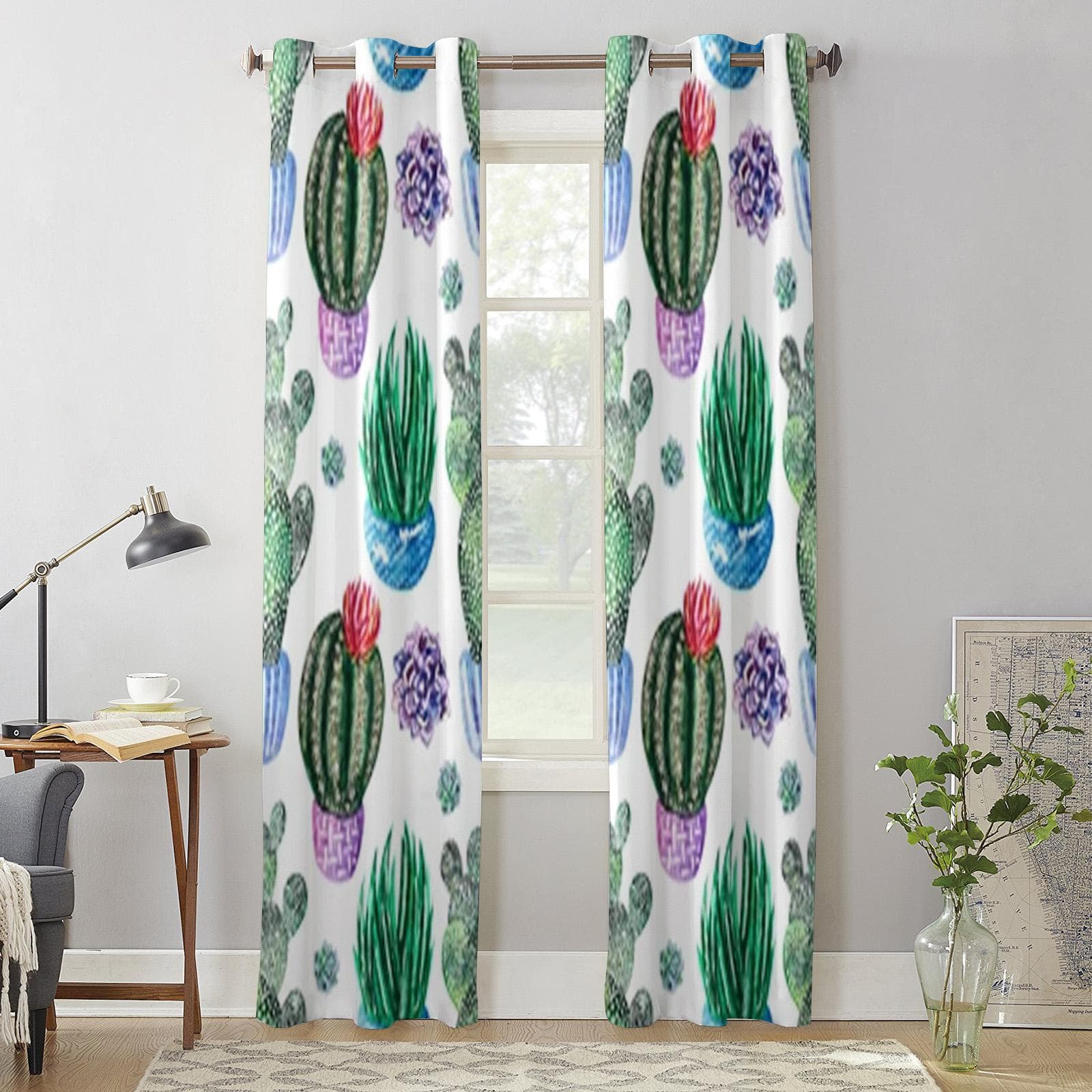 Cute Watercolor Cacti In Pots Window Curtains For Living Room Luxury Bedroom Decor Drapes Kitchen Window Treatments Curtains 135W x 60H(cm) x1
