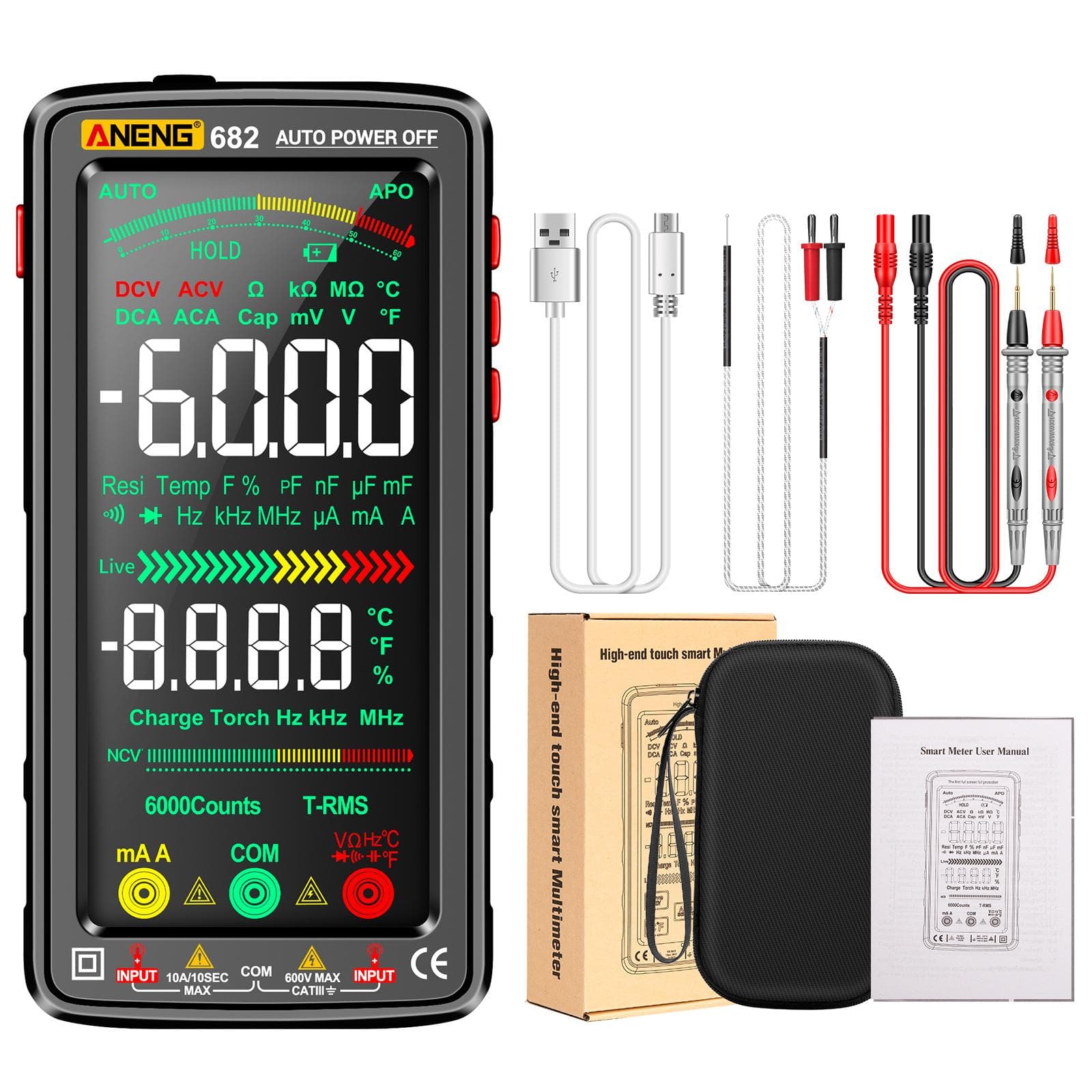 ANENG 682 6000 Counts Large LCD Digital Multimeter Smart Anti-burn Rechargeable Universal Meter VA black