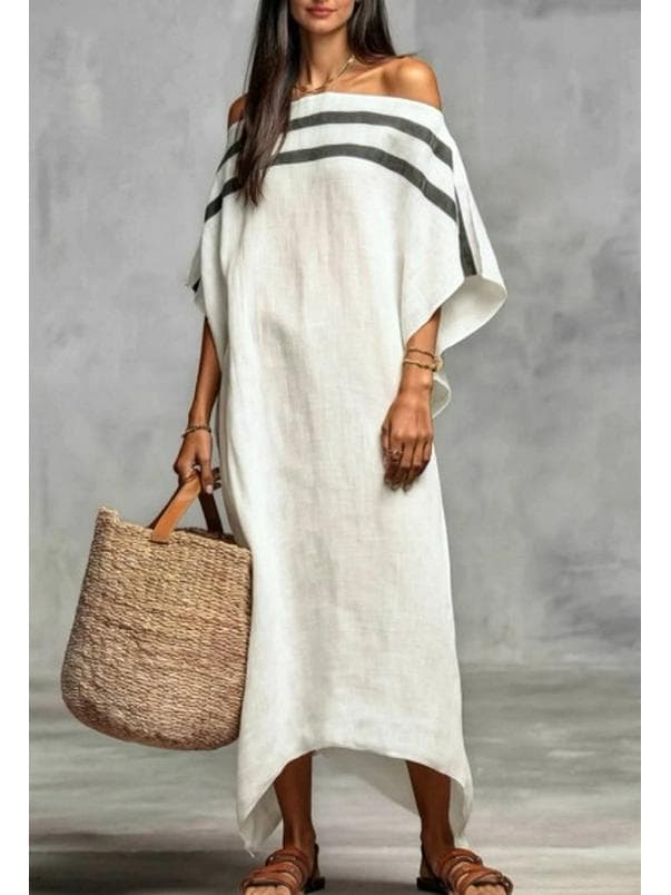 2026 Off-the-Shoulder Color Block Casual Long Dress for Vacations Small white
