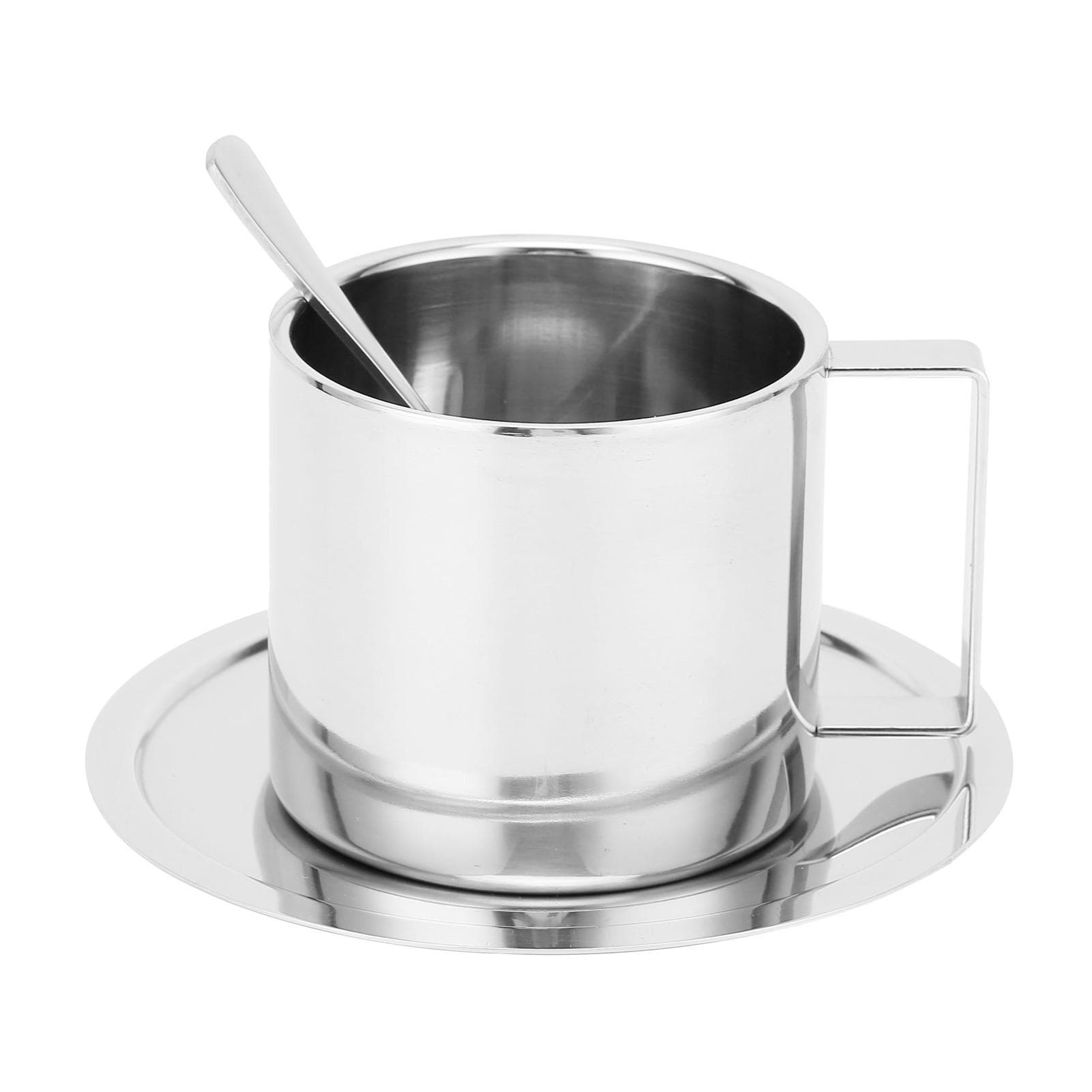 Coffee Cup Stainless Steel DoubleLayer Insulation Milk Mug with Spoon Saucer Household(Silver 280ML)