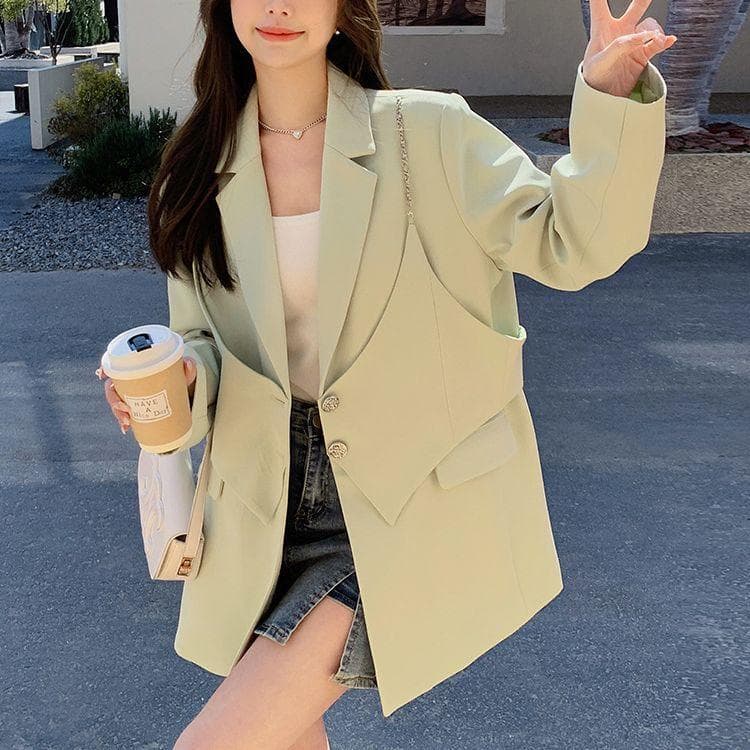 Light Green Suit Jacket for Women Spring New Style Design and Temperament Fake Two-piece Casual Suit XL