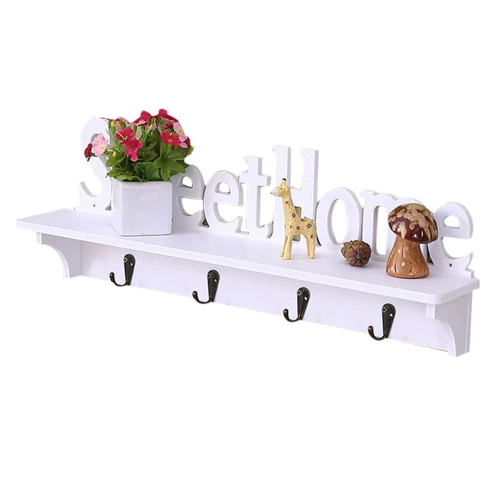 Sweet Home Wooden Wall Mounted Coat Hook Wall Hook with Shelf Keyboard and Four Hooks Home Decor white