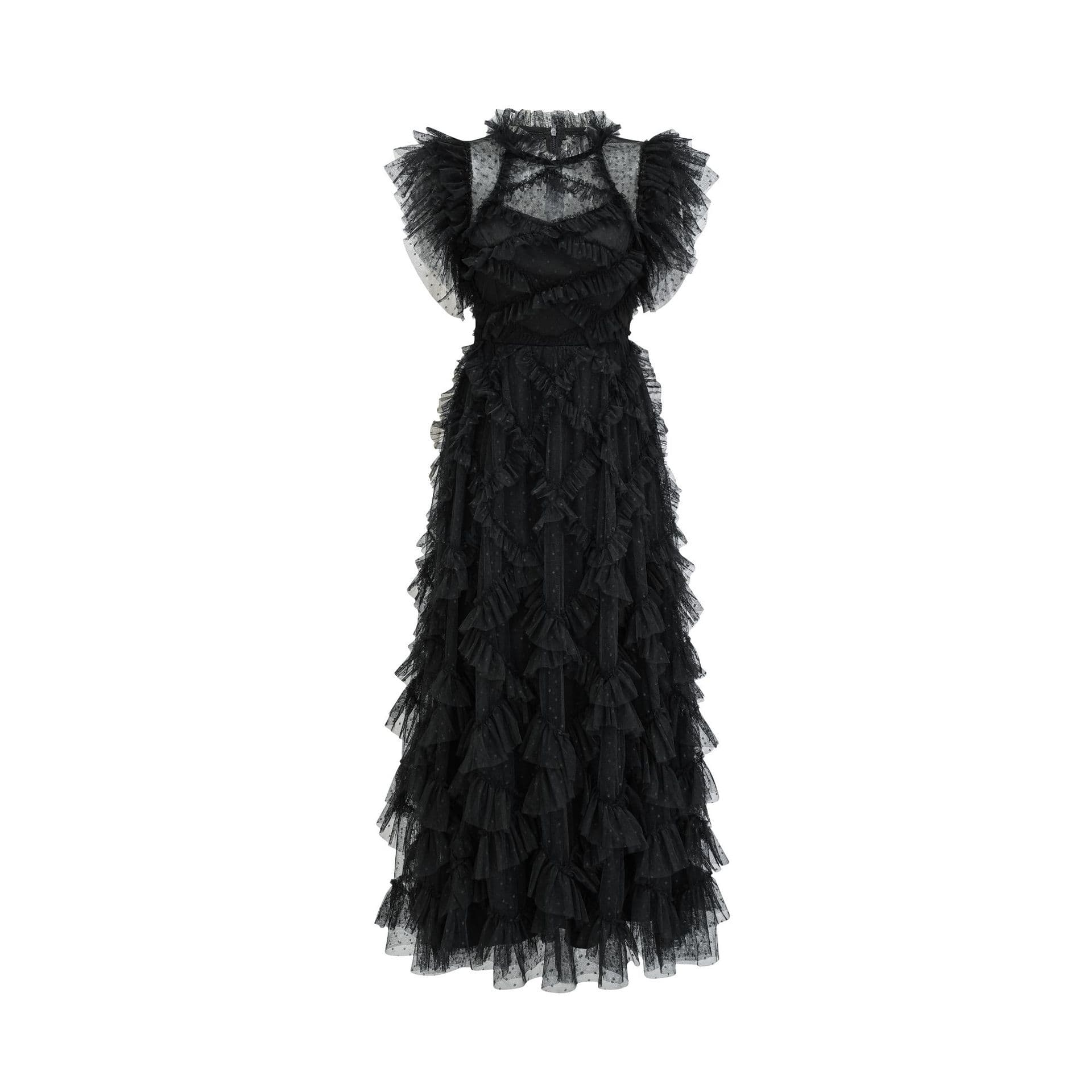 Sweet Temperament Dress Embroidered A-shaped Skirt Vacation Semi-turtleneck New Printed Sleeveless Dress Women M black