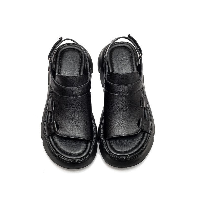 Johnature Genuine Leather Casual Thick Sole Peep Toe Sandals Hollow Breathable Women's Platform Shoes 35 black