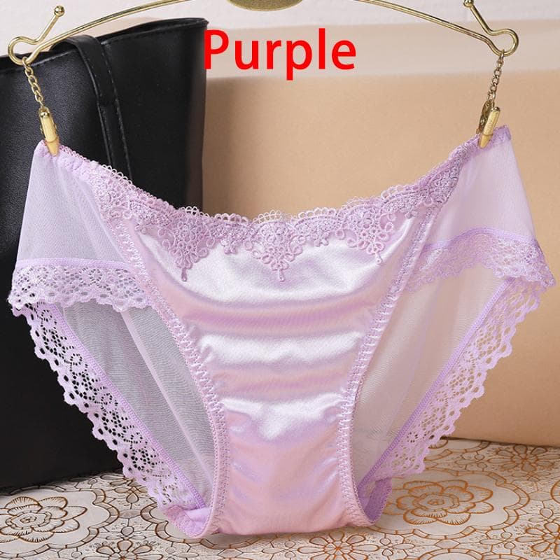Women Lady Sexy Lace Panties Silk Satin Seamless Breathable Lingerie Briefs Underwear Underpant M light purple