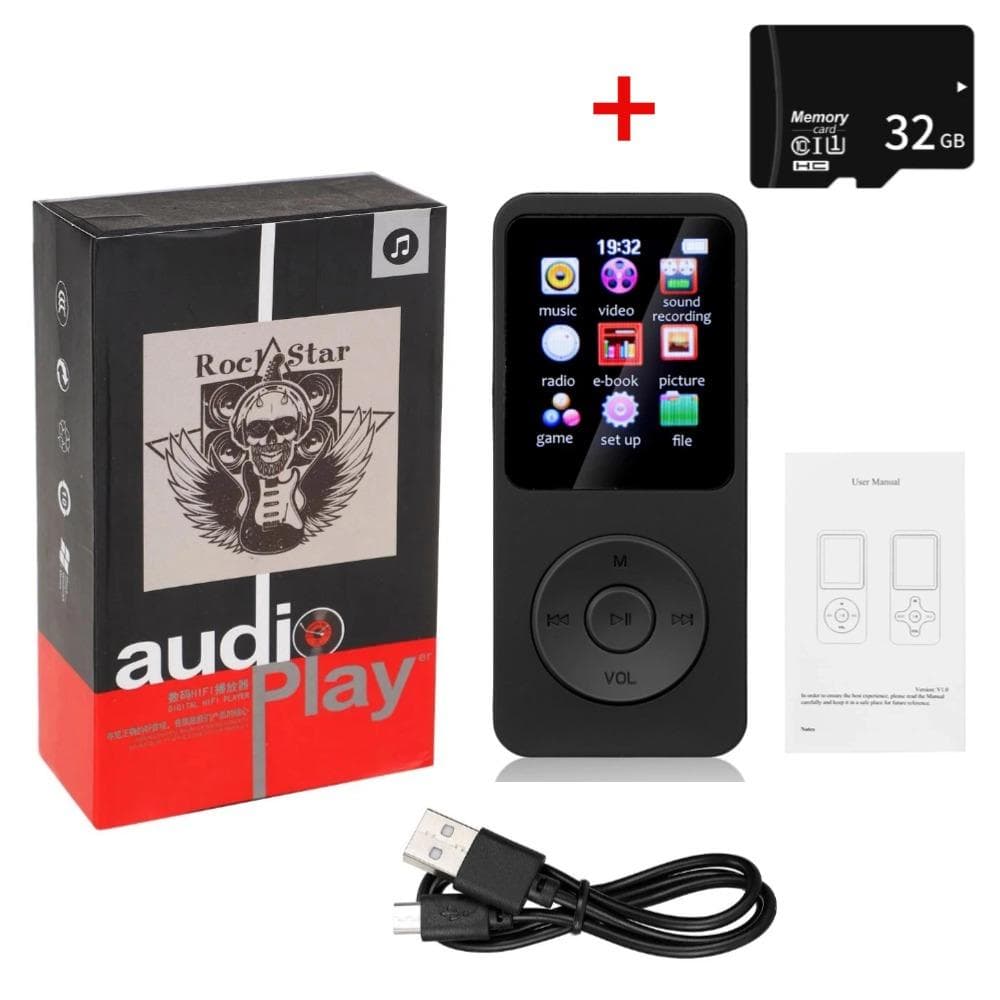 Mini MP3 MP4 Players FM Radio Bluetooth-Compatible 5.4 Stereo Music Player Portable Speaker Support FM TF Card E-Book Voice Recorder Built-in Mic With 32G TF Card black