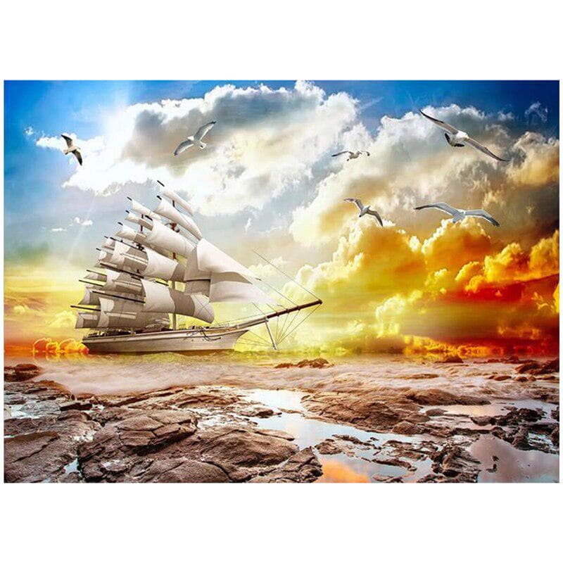 5d Diy Diamond Embroidery Natural Scenery Sailboat Seagull Full Round Cross Stitch 20X30CM