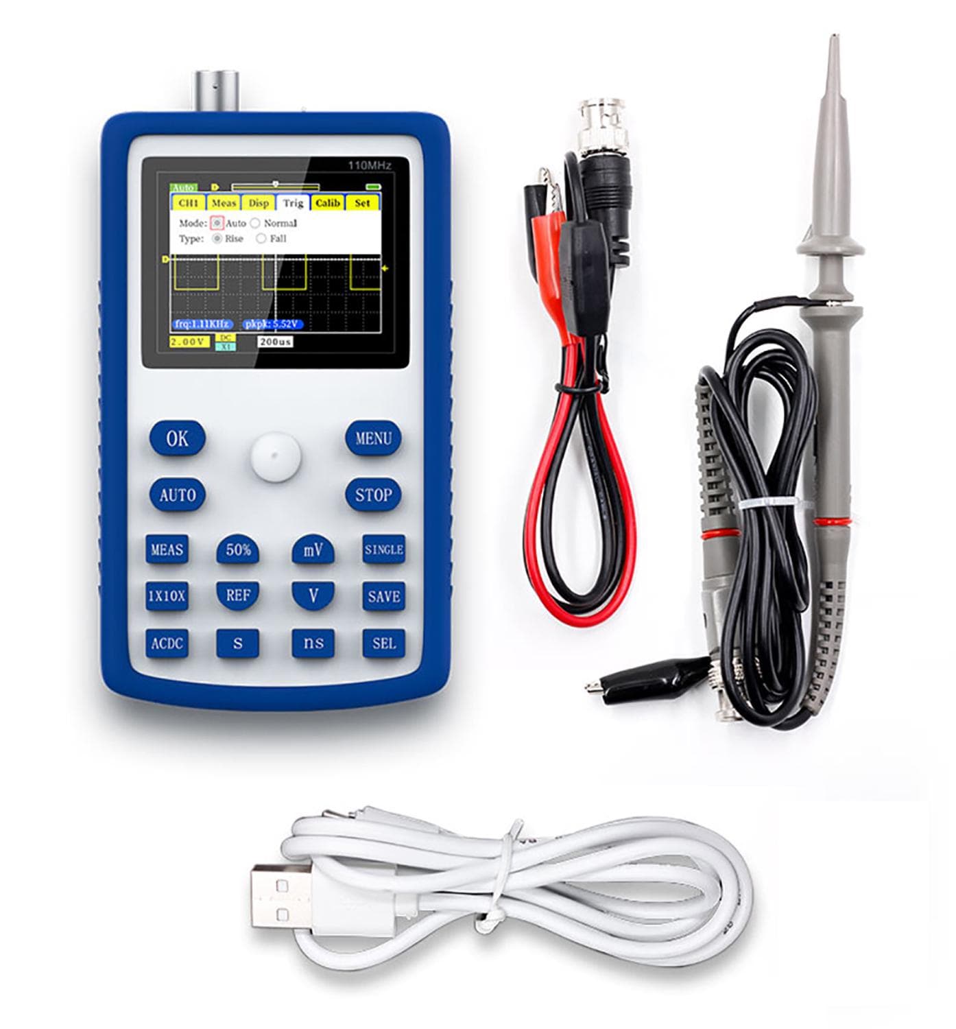 FNIRSI-1C15 2.4 Inch Screen Handheld Portable Digital Oscilloscope 500MS/S Sampling Rate with 110MHz Bandwidth 1KHz/3.3V multicolour