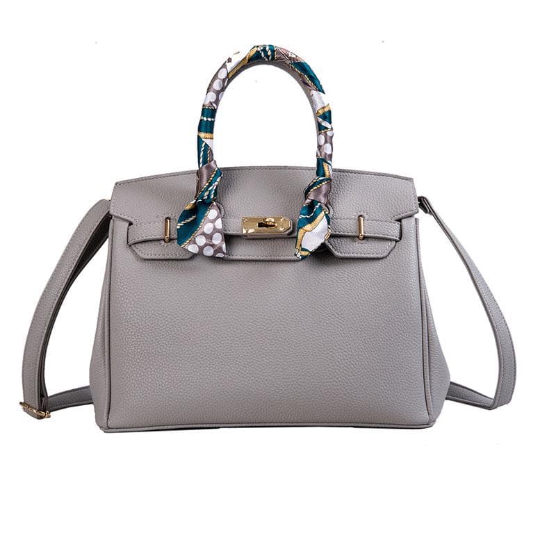 2020 Lock Handbag Fashion Lychee Pattern Single Shoulder Diagonal Platinum 30cm*15cm*24cm light grey