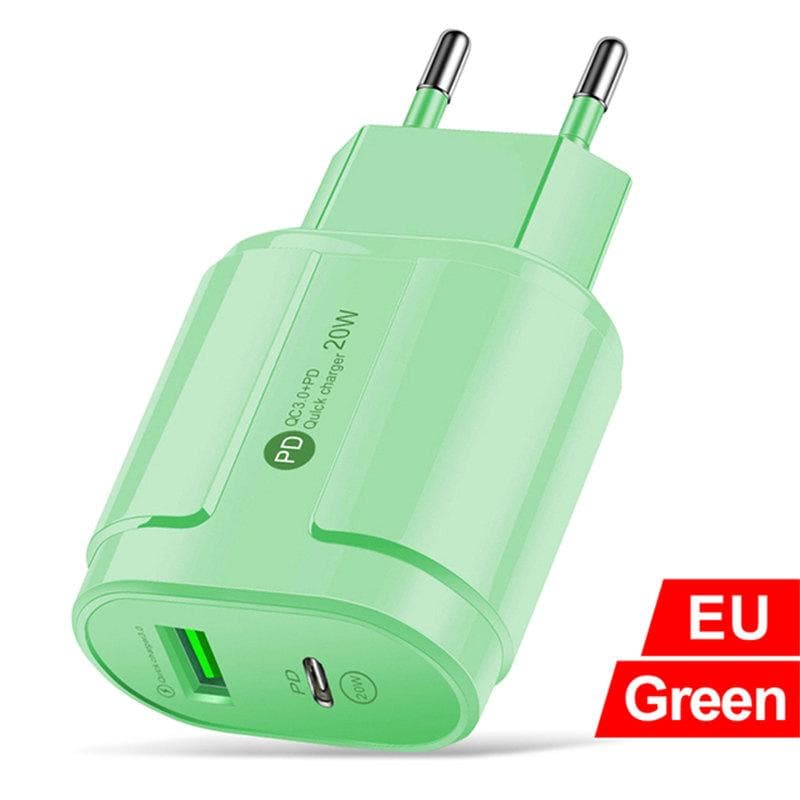 20W PD USB 5V 2A C Charger Dual Ports Wall Fast Charging Type-C Phone Adapter For iPhone 14 13 11 Pro iPad Huawei Xiaomi Samsung EU Plug green