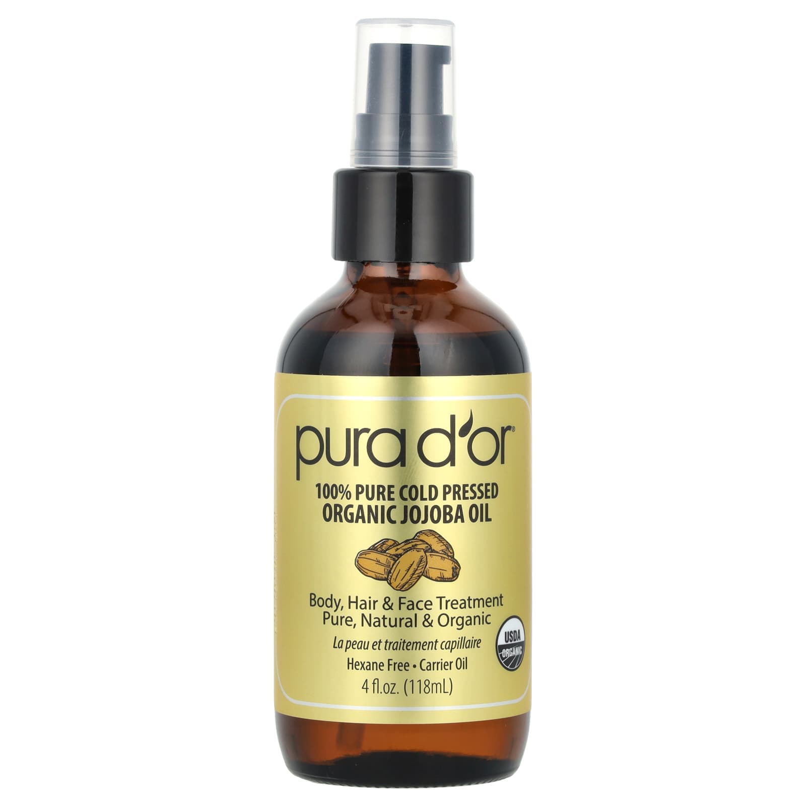 Pura D'or, 100% pure cold-pressed organic jojoba oil, 4 fl oz (118 ml)