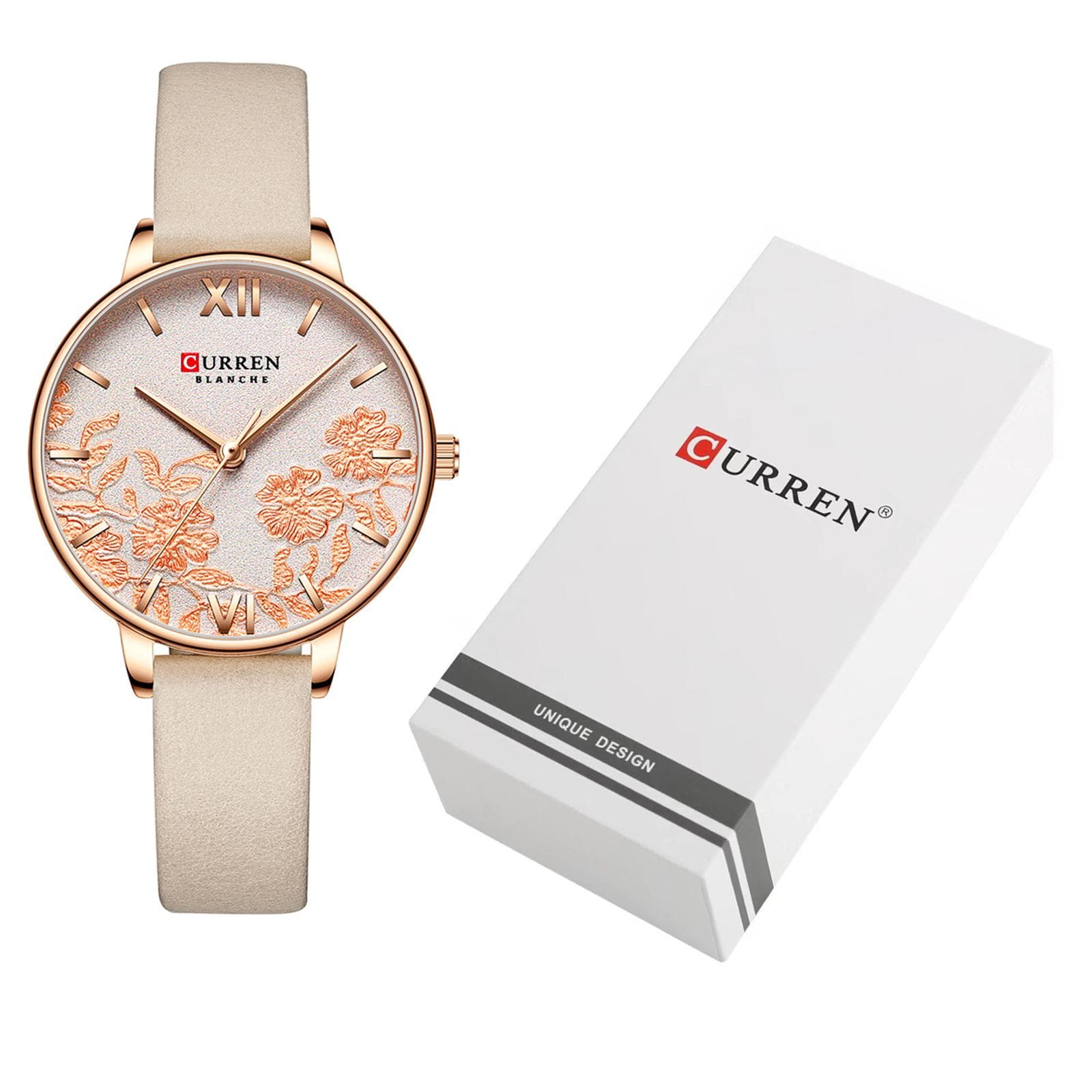 CURREN 9065 Elegant Exquisite Casual Business Quartz Women Watch Sakura Flower Embossed Ultra Thin