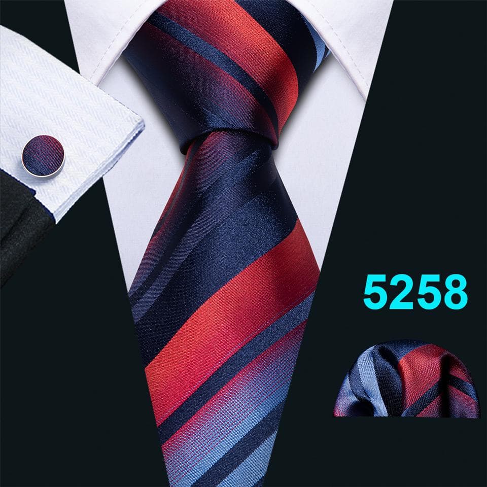 Barry.Wang Mens Tie Set Jacquard Striped Silk Necktie Pocket Square Cufflinks Set N-5258