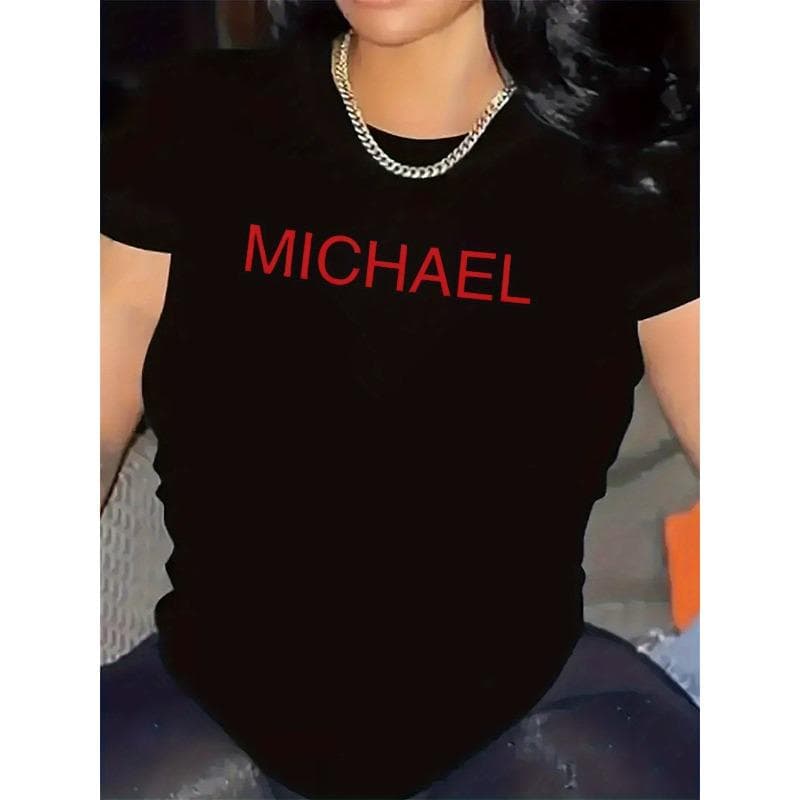 European sizes Women'S  MICHAEL  Graphic T-Shirt - White Casual Crew Neck Tee with Bold Red Lettering Comfortable and Durable Design S black