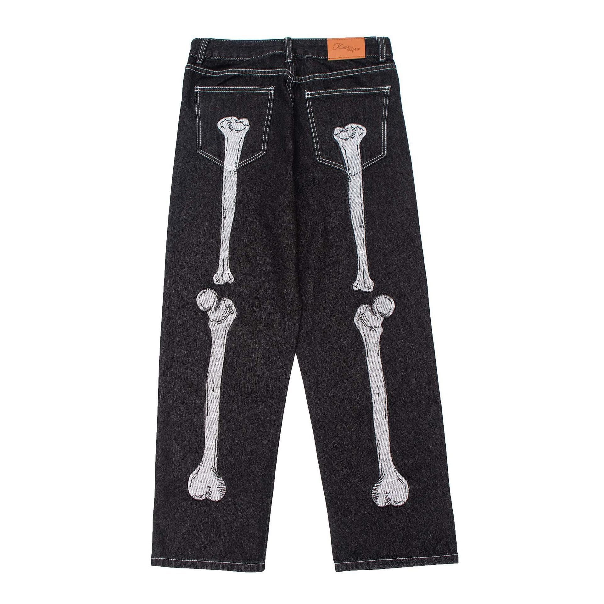 Dark Bone Print Jeans Men's Trendy Loose Wide-leg Straight-leg Pants M