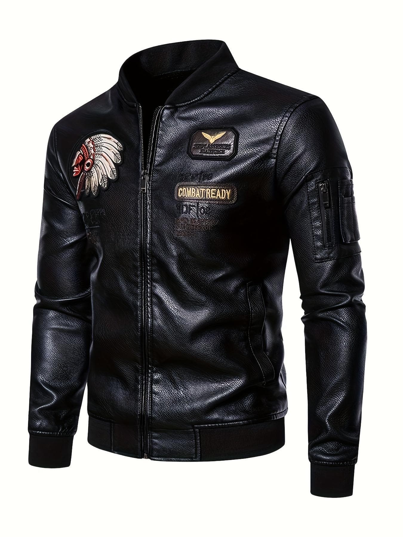 Men's Tribal Portrait Embroidery Stylish PU Leather Jacket - Multi-pocket Street Style Retro Classic Bomber Jacket - For Men - Made of PU Leather XXXXL black