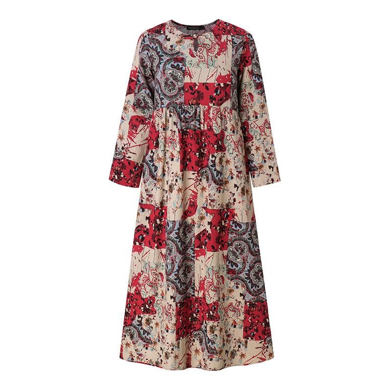 ZANZEA Floral Print Vintage Casual O-neck Long Sleeve Long Dress S red