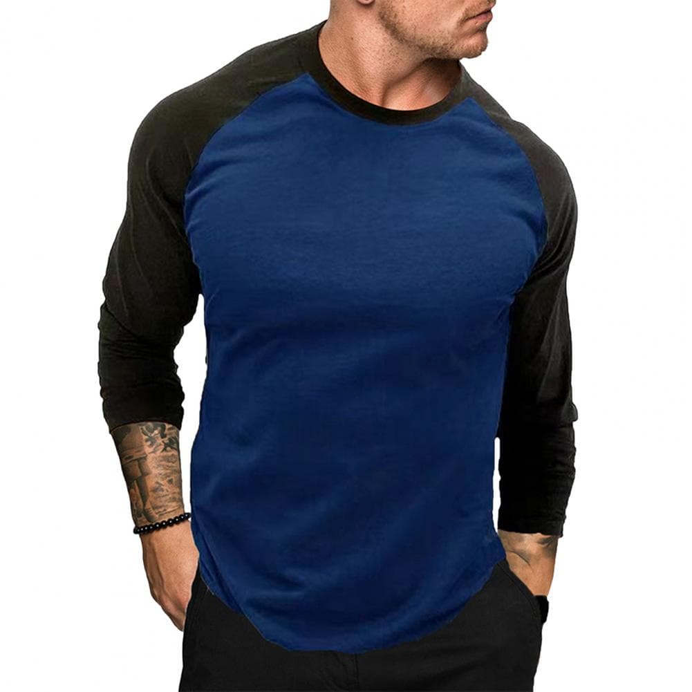 Spring Fall Men Top Color Matching Round Neck Loose Pullover Plus Size Raglan Sleeves Stretchy Casual Sport T-shirt Patchwork Bo S navy blue