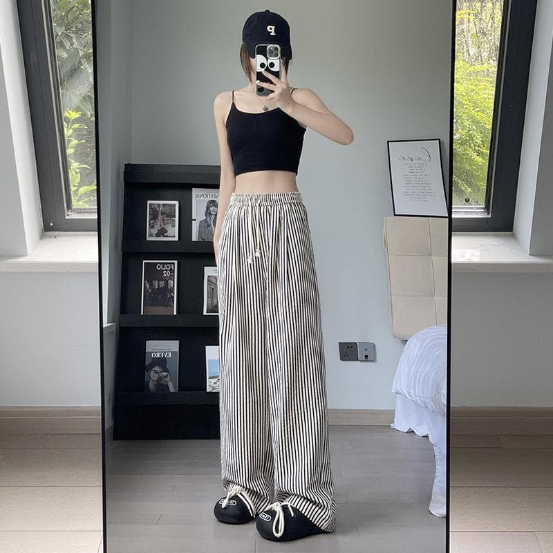 Retro Pinstripe Wide-leg Pants for Women In Autumn New Lace-up Loose Casual Vertical Straight Pants for Women 2XL black